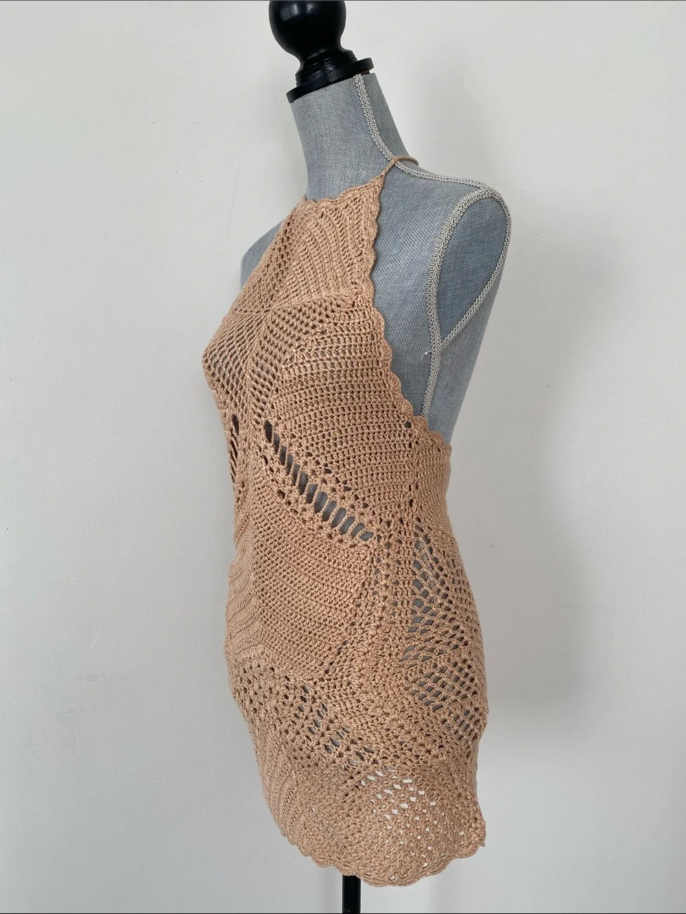 Forever 21 Beige Crochet Knit Halter Mini Dress Swim Coverup Beach Festival